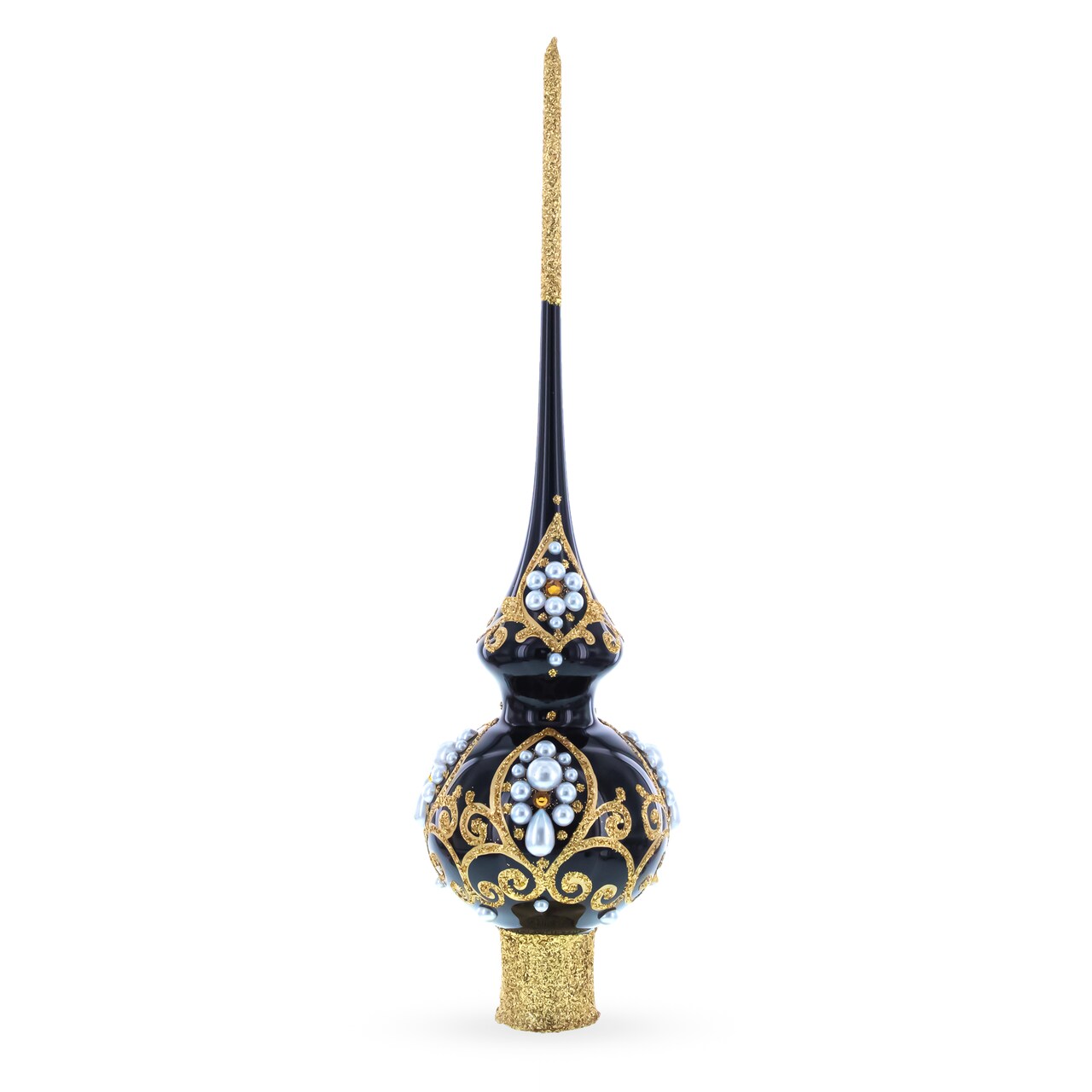 Elegant Black and Gold Filigree Design Glass Christmas Tree Topper 11 Inches
